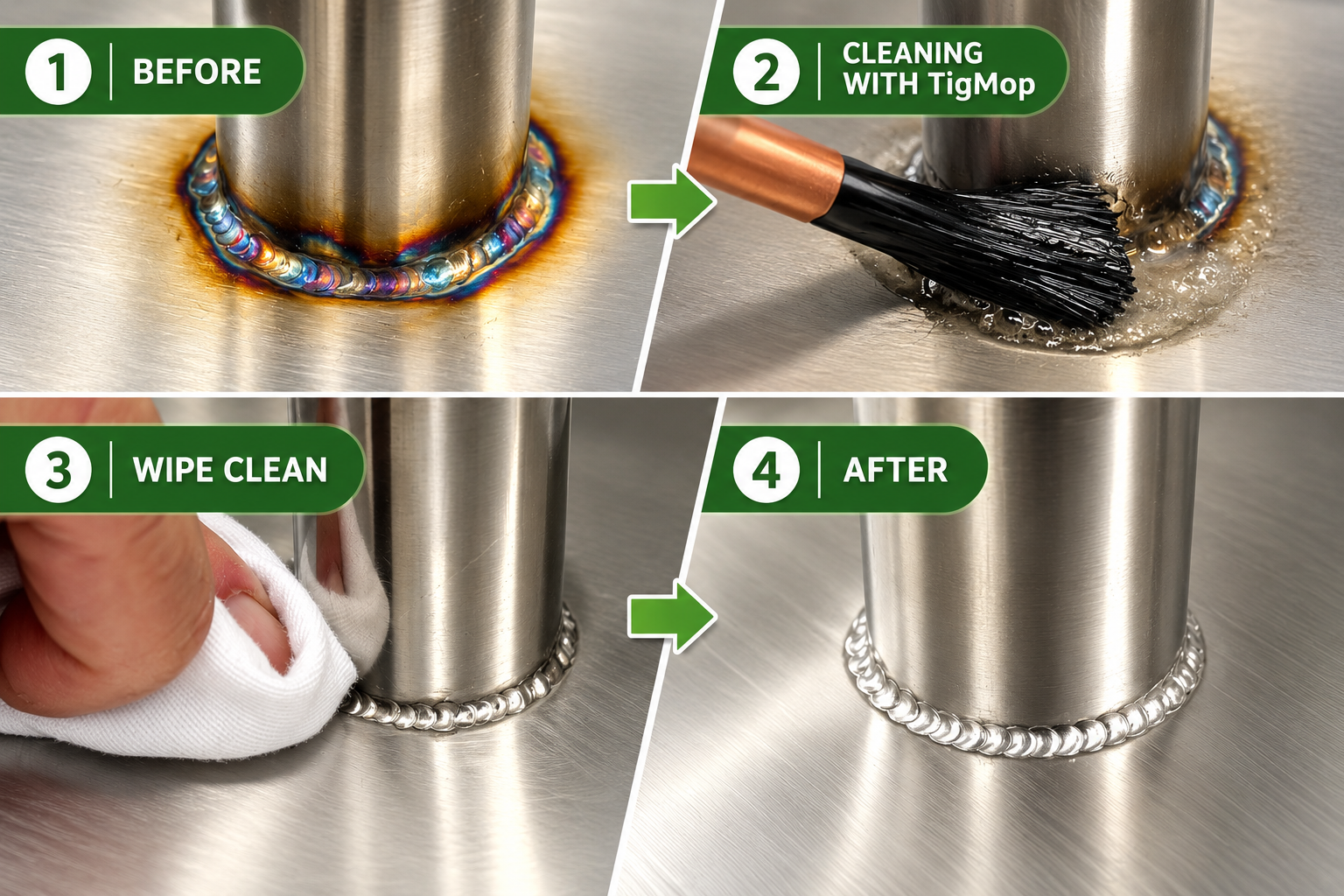 Before and after stainless steel weld cleaning with TigMop